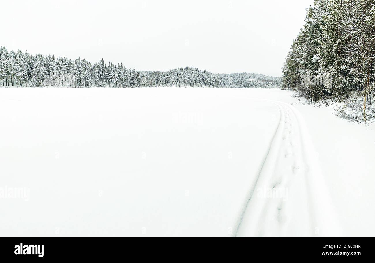 Weiße, verschneite Winterlandschaft mit Schneemobilbahn auf dem Eis des Waldsees Stockfoto