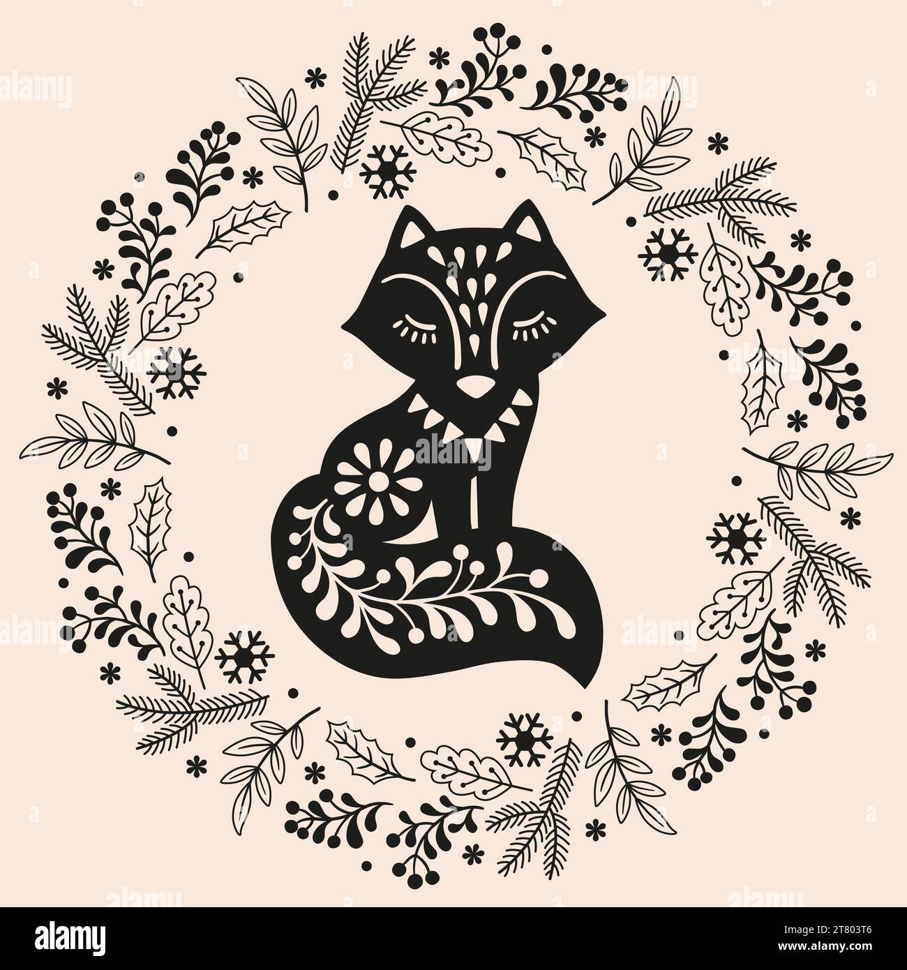 Vektorhandgezeichnete Illustration von Tieren im nordischen Stil Hygge. Fuchs im Blumenkranz im skandinavischen Folk-Stil Stock Vektor