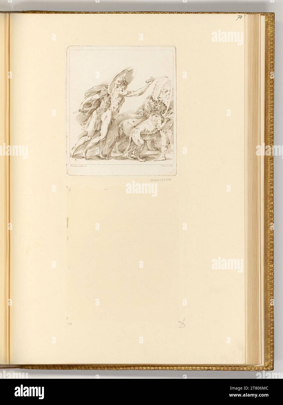 Johann Adam von Bartsch (Gravierer) zwei bewaffnete Männer mit einem Löwenpaar im Kampf gegen einen Mann, der sich mit einem Zeichen zu schützen versucht. Ätzen 1804 , 1804 Stockfoto