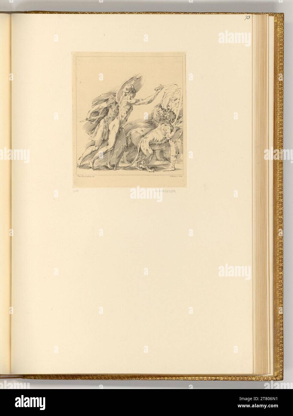 Johann Adam von Bartsch (Gravierer) zwei bewaffnete Männer mit einem Löwenpaar im Kampf gegen einen Mann, der sich mit einem Zeichen zu schützen versucht. Ätzen 1804 , 1804 Stockfoto