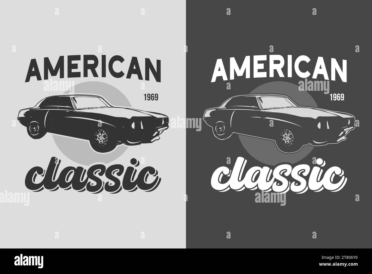 Amerikanisches Oldtimer-T-Shirt mit Vektor-Design. T-Shirt mit schwarzem und weißem Hintergrund für Oldtimer. Alte Retro-Auto-T-Shirt-Grafiken. Stock Vektor