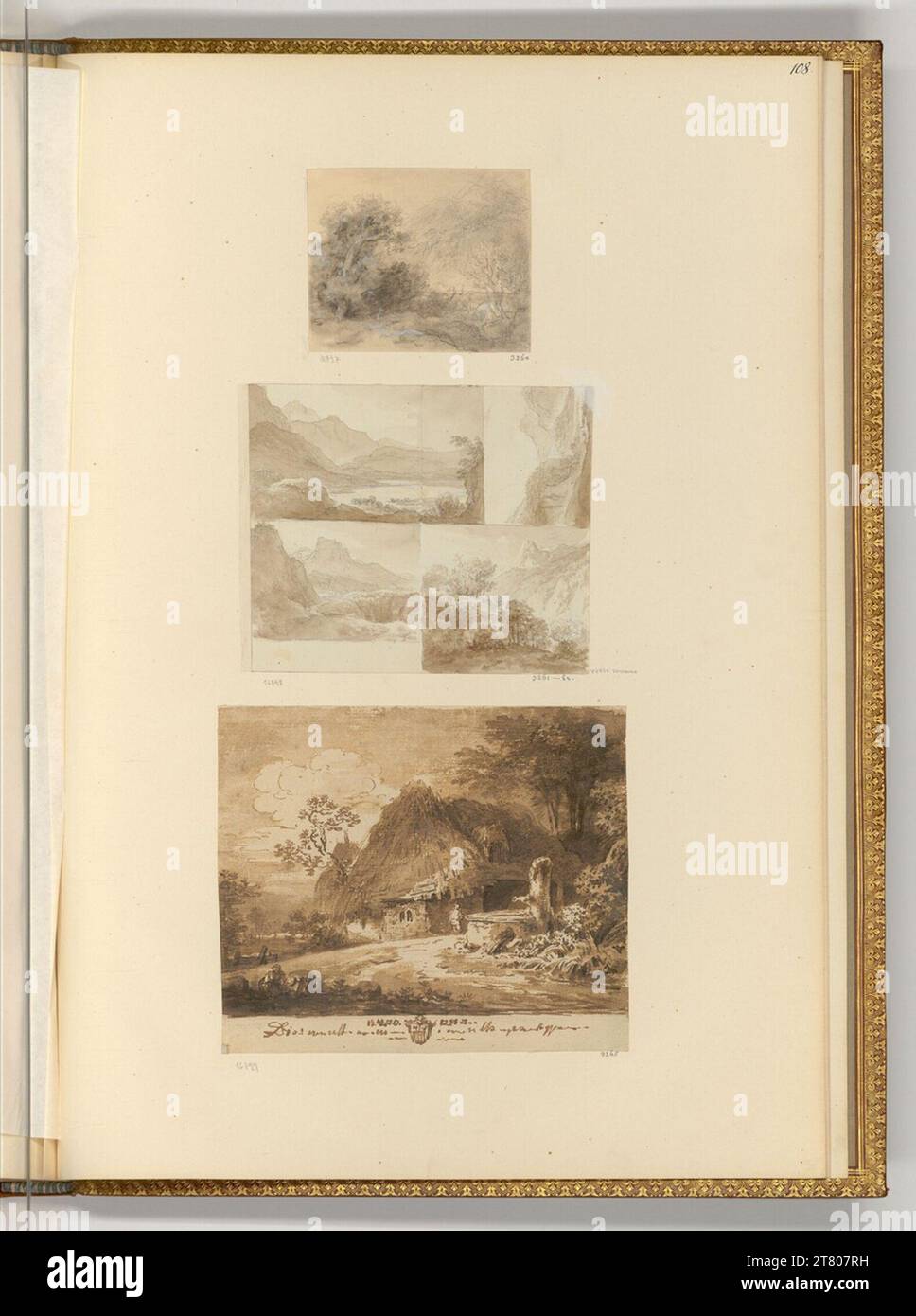 Martin von Molitor kleine Waldlandschaft; vier Skizzen auf einem Blatt; Haus mit Strohdach und Brunnen. Bleistift; Schwarzweiß-Kreide; Sepia; laviert; Pinsel 1780-1812 , 1780/1812 Stockfoto