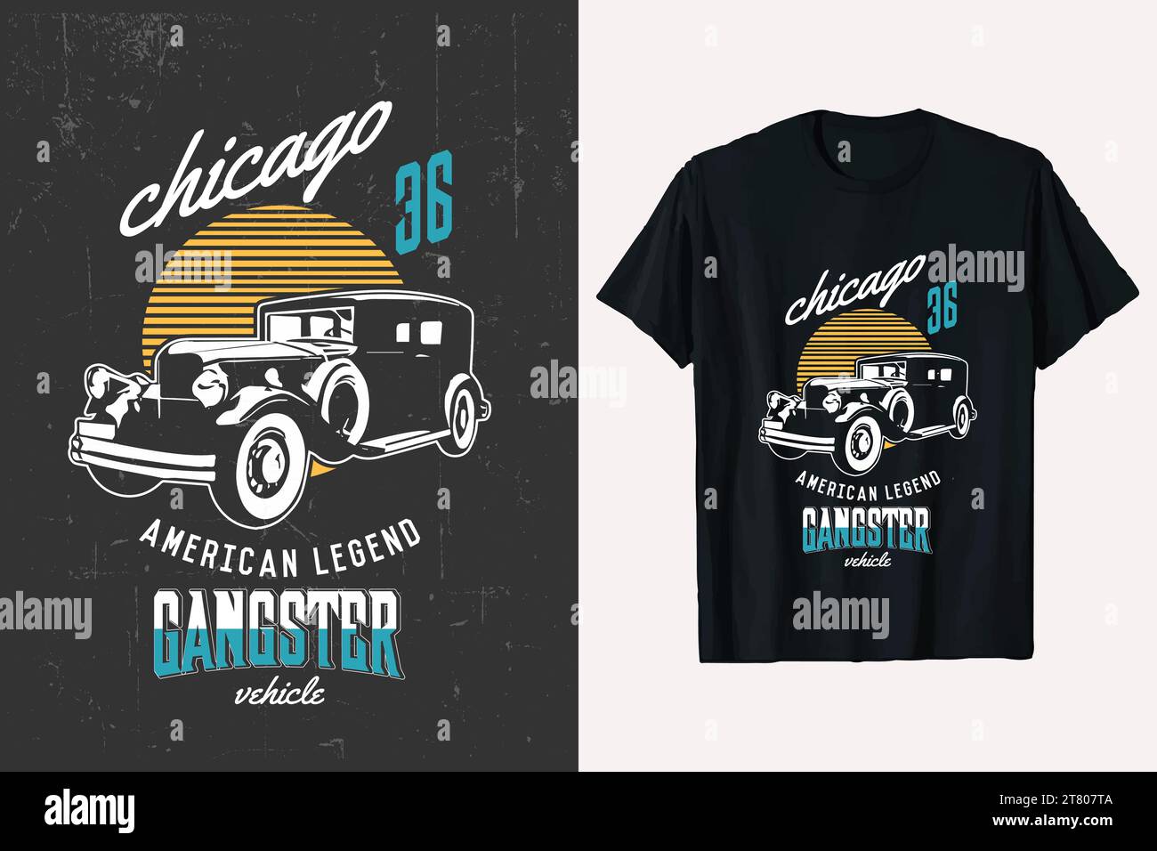 Amerikanisches altes Oldtimer-Vektor-T-Shirt-Design. T-Shirt-Vorlage für Oldtimer-Autos. Schwarze T-Shirt-Grafik im Retro-Stil mit farbenfrohem Muster. Stock Vektor