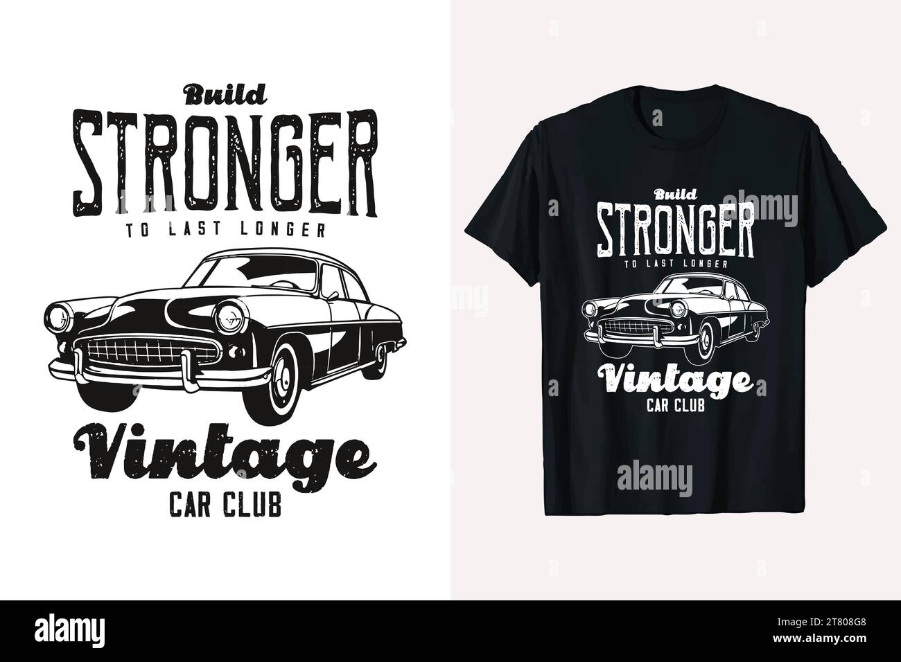 Oldtimer-Vektor-T-Shirt-Design. T-Shirt-Vorlage mit grafischen Schwarz-weiß-Drucken für alte Oldtimer. Stock Vektor