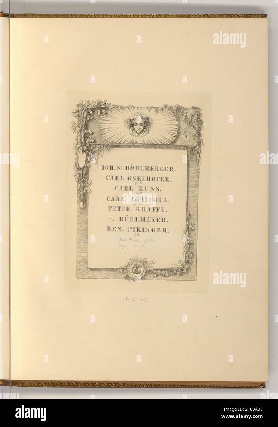 Joseph Fischer (ausführende r Künstler in) Johann Nepomuk Schödlberger. Carl Gselhofer. Carl Russ. Carl Agricola. Peter Krafft. F. Bühlmayer. Benedikt Piringer. (Handgeschrieben: Karl Russ, Heinrich Friedrich Füger). Ätzen nach 1822 Stockfoto