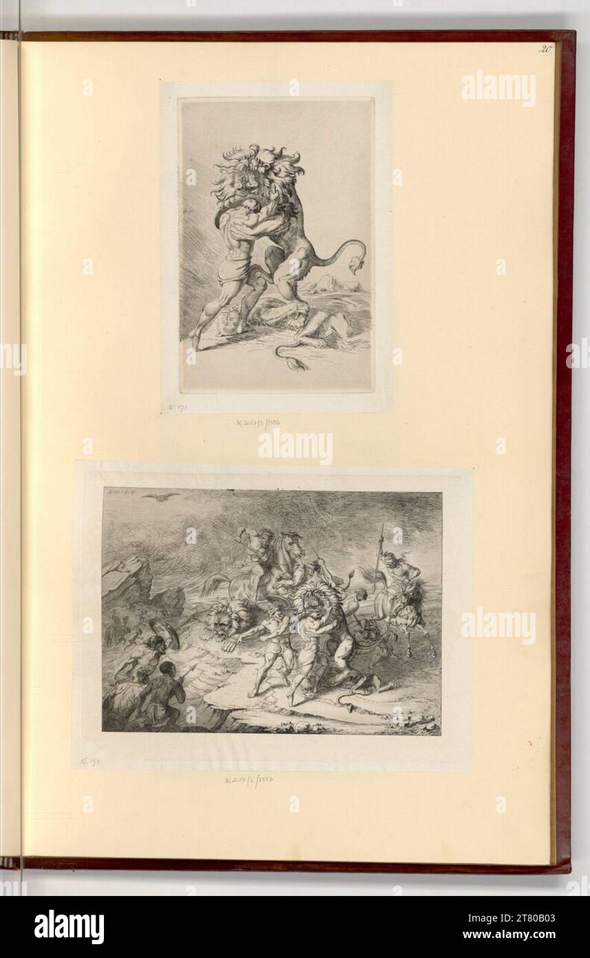 Ludwig Emil Grimm (ausführende r Künstler in) Männer kämpfen mit Lanzen und Zeichen gegen Löwen. Ätzen 1810-1863 , 1810/1863 Stockfoto