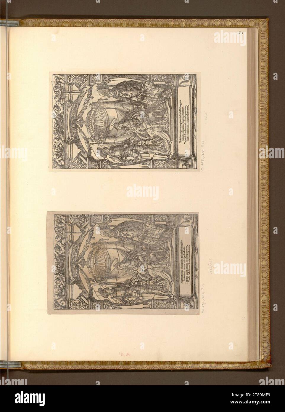 Hans Holbein d. J. Madonna mit einem Kind zwischen dem Schutzpatron der Stadt Freiburg im Breisgau, Georg und Lambrecht. Holzschnitt nach 1519 Stockfoto