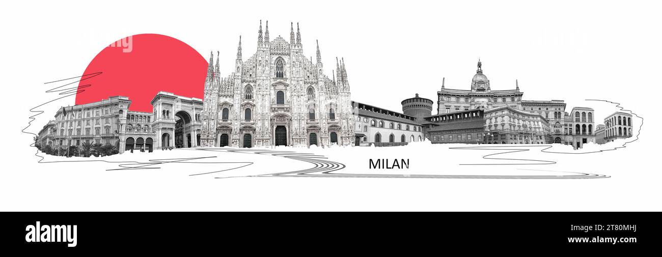 Fotocollage aus Mailand, Italien. Die Collage umfasst die wichtigsten Sehenswürdigkeiten wie das Schloss und die Kathedrale. Kunstdesign Stockfoto
