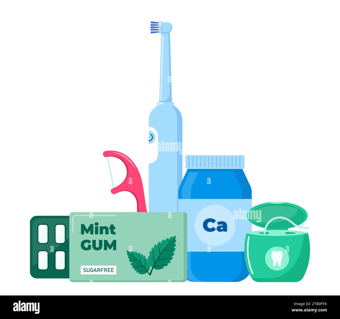 Werkzeuge und Mittel für die Zahnhygiene. Mundpflege- und Hygieneprodukte. Vektorabbildung Stock Vektor