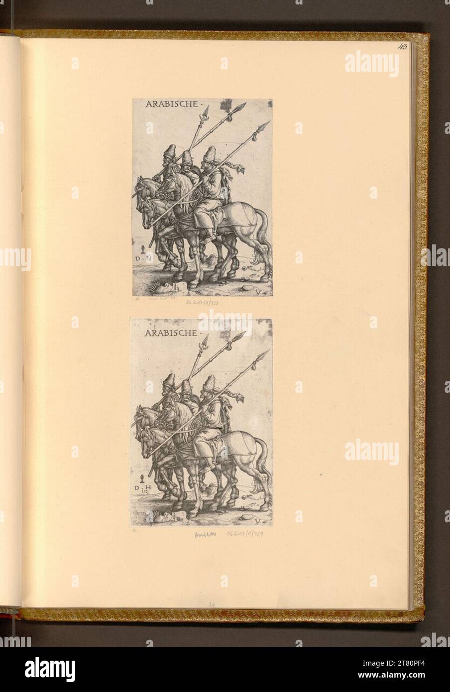 Daniel Hopfer (ausführende r Künstler in) drei arabische Soldaten mit Lanzen zu Pferd. Ätzen 1500-1536 , 1500/1536 Stockfoto