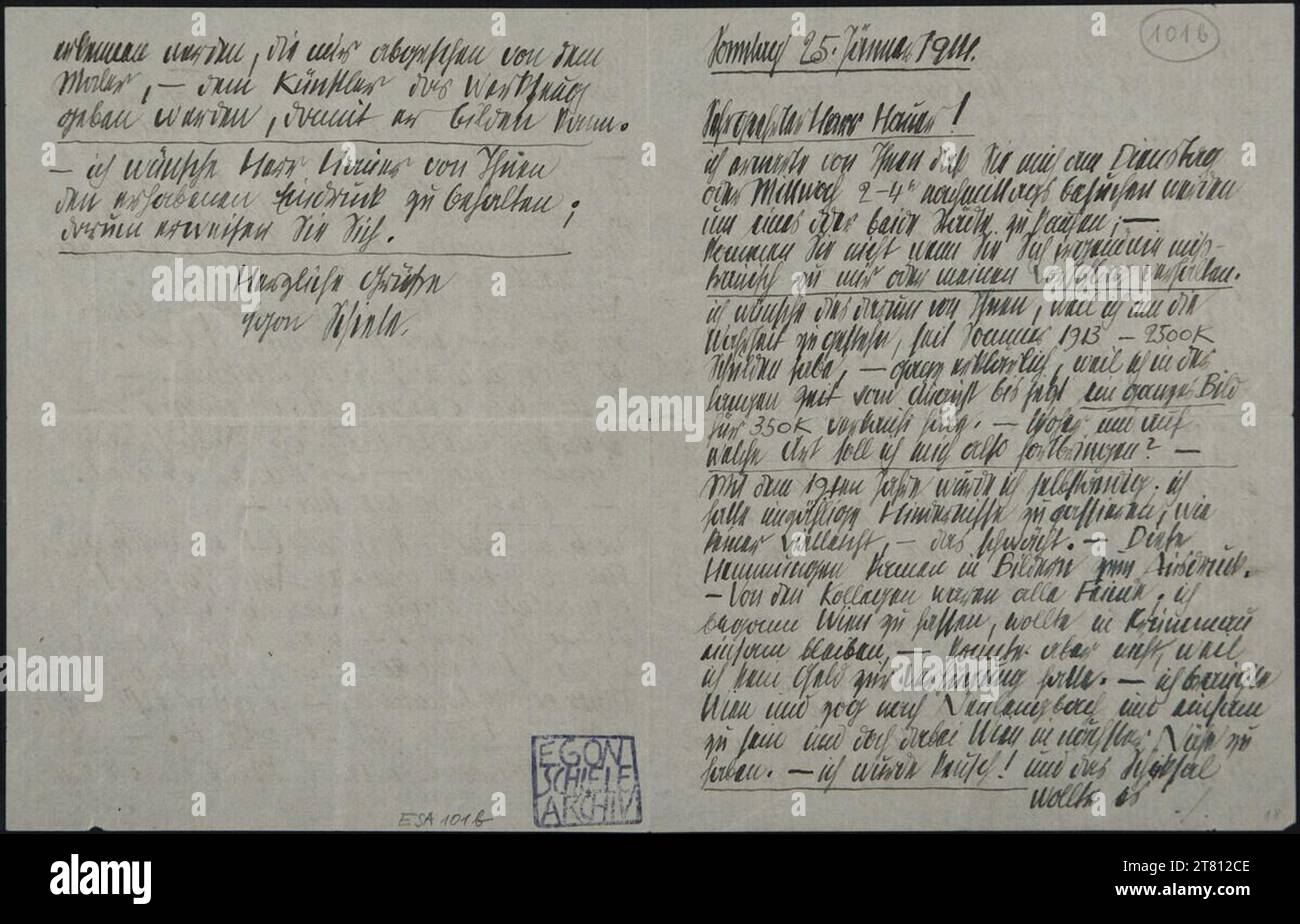 Egon Schiele (Verfasser in) Brief von Egon Schiele an Franz Hauer vom 25. Januar 1914. Tinte (schwarz) auf Papier 25. Jänner 1914 Stockfoto