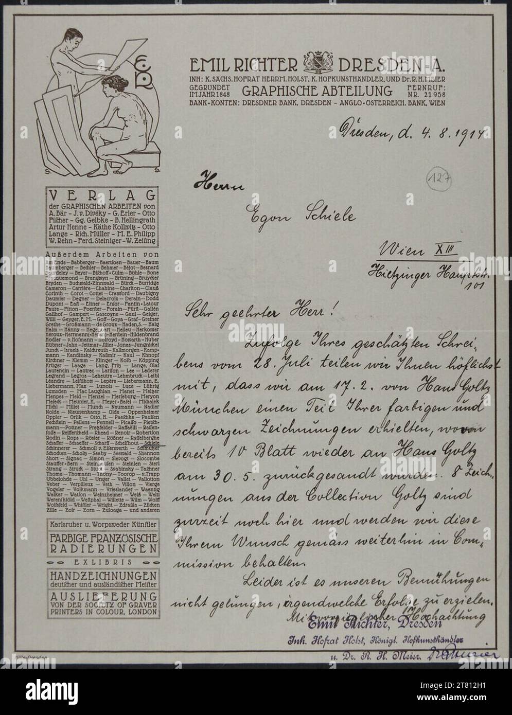 Kunstsalon Emil Richter (Verfasser in) Brief des Kunstsalons Emil Richter an Egon Schiele vom 4. August 1914. Tinte (schwarz) auf Papier 4. August 1914 , 4. August 1914 Stockfoto