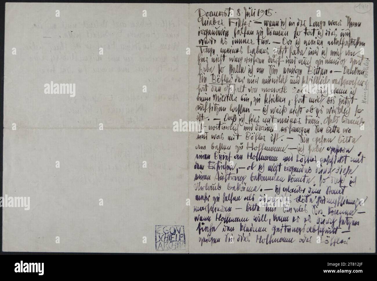 Egon Schiele (Verfasser in) Brief von Egon Schiele an Johannes Fischer vom 8. Juli 1915. Tinte (schwarz, lila) auf Papier 8. Juli 1915 , 08.07.1915 Stockfoto