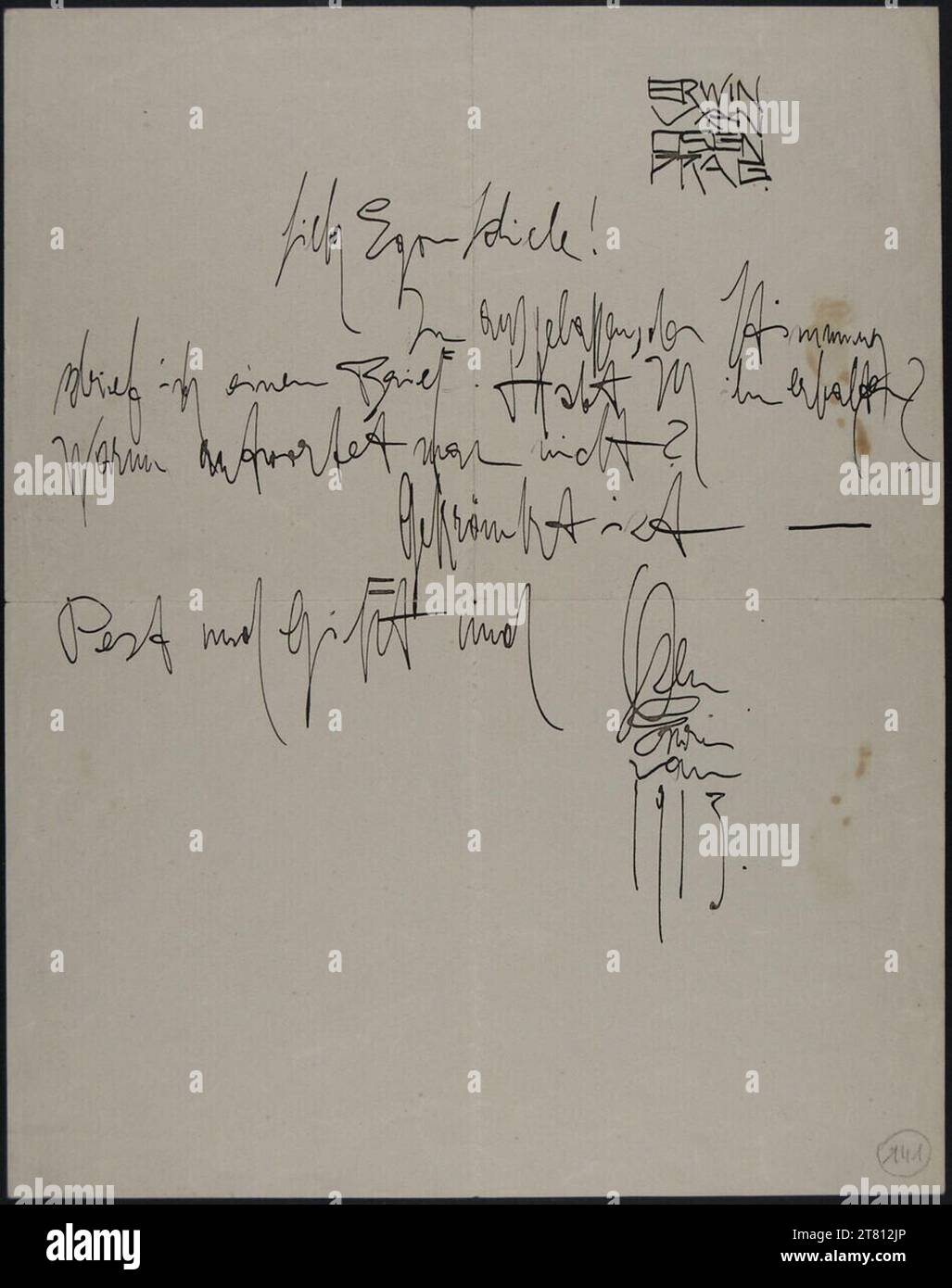 Erwin Dominik Osen (Verfasser in) Brief von Erwin Osen aus Prag an Egon Schiele nach dem 17. September 1913. Tinte (schwarz) auf Papier nach dem 17. September 1913 Stockfoto