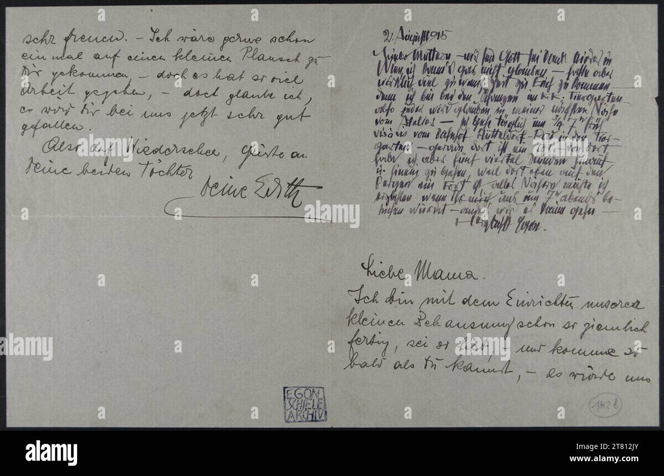 Egon Schiele (Verfasser in) Brief von Egon und Edith Schiele an Marie Schiele vom 2. August 1915. Tinte (lila, schwarz) auf Papier 2. August 1915 , 02.08.1915 Stockfoto