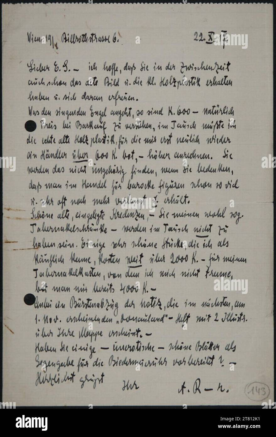 Egon Schiele (Adressat in) Brief von Arthur Roessler an Egon Schiele vom 22. Oktober 1917. Tinte (schwarz) auf Papier 22. Oktober 1917 , 22. 10. 1917 Stockfoto