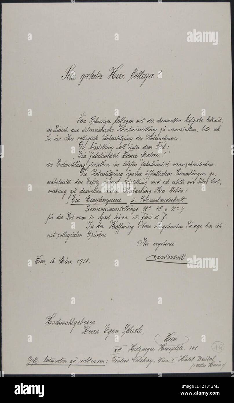 Carl Moll (Verfasser in) Brief von Carl Moll an Egon Schiele vom 16. März 1918. Tinte (schwarz) auf Papier 16. März 1918 , 16. März 1918 Stockfoto