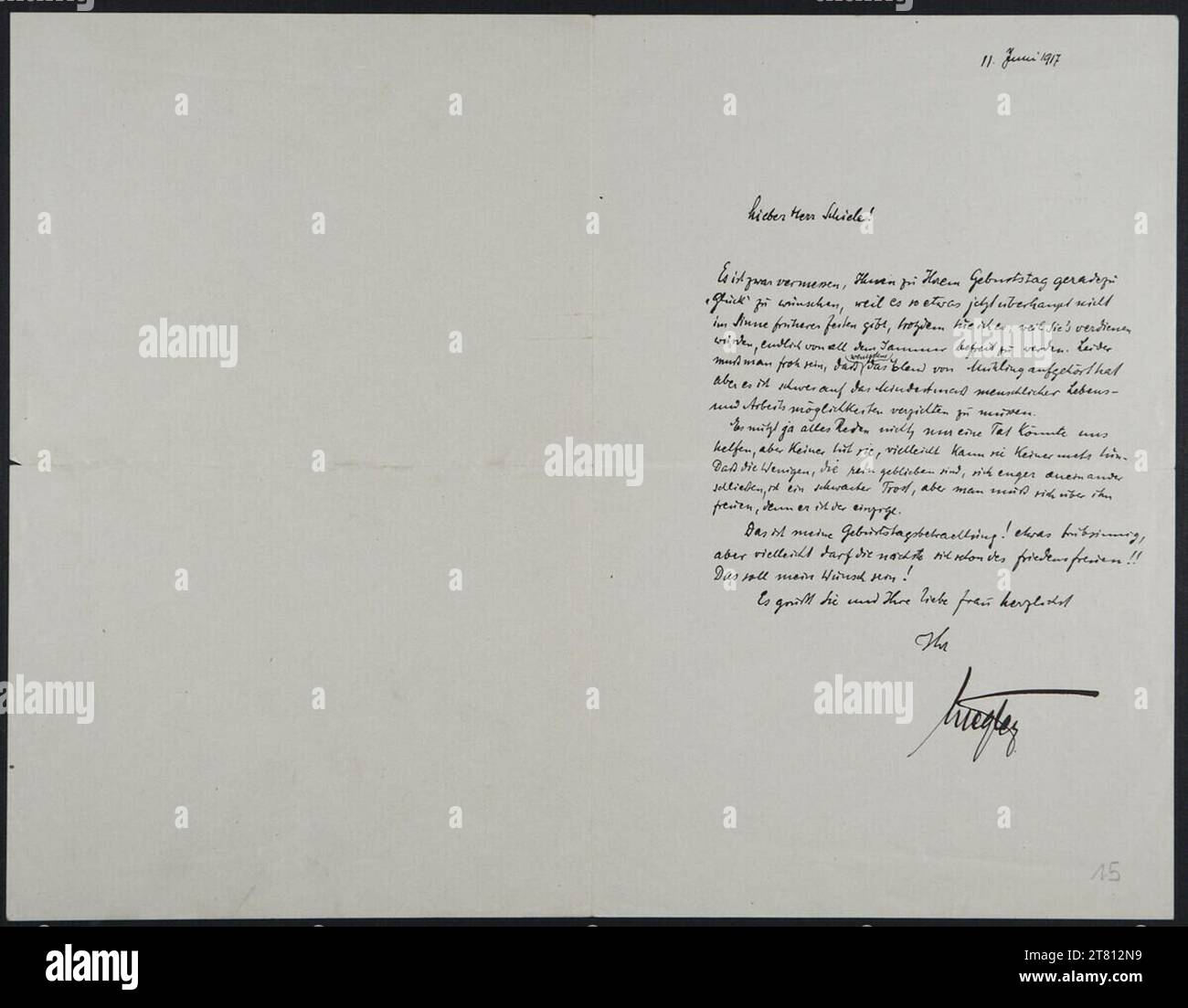 Leopold Liegler (Verfasser in) Brief von Leopold Liegler an Egon Schiele vom 11. Juni 1917. Tinte (schwarz) auf Papier 11. Juni 1917 , 11. Juni 1917 Stockfoto