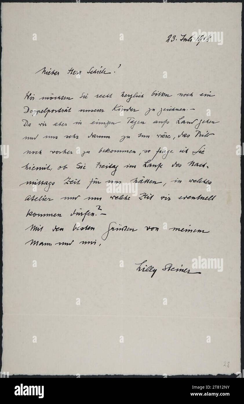 Lilly Steiner (Verfasser in) Brief von Lilly Steiner an Egon Schiele vom 23. Juli 1918. Tinte (schwarz) auf handgeschöpftem Papier 23. Juli 1918 , 23.07.1918 Stockfoto