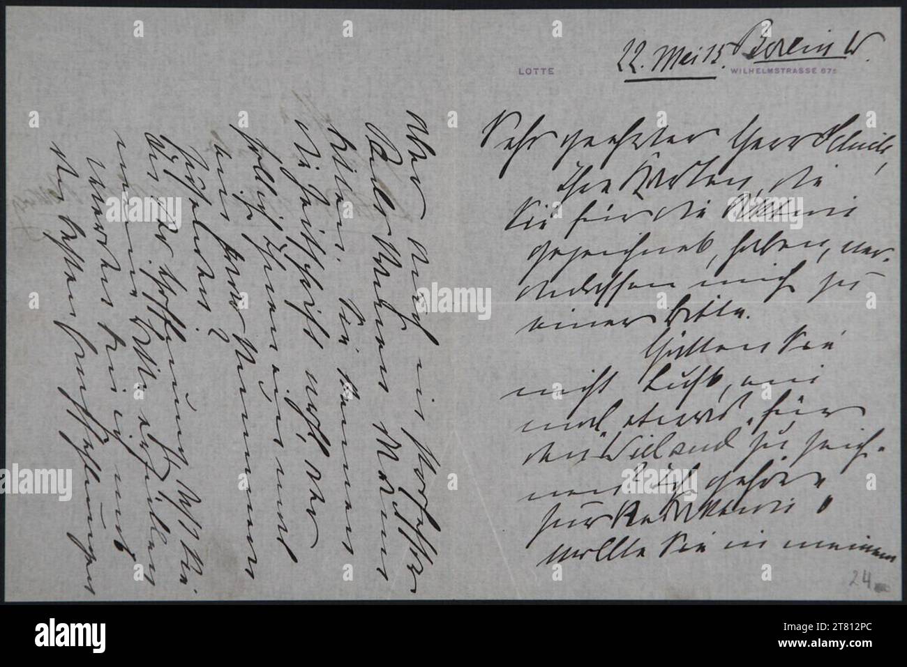 Lotte von Mendelssohn-Bartholdy (Verfasser in) Brief von Lotte von Mendelssohn-Bartholdy an Egon Schiele vom 22. Mai 1915. Tinte (schwarz) auf Papier 22. Mai 1915 , 22. 5. 1915 Stockfoto