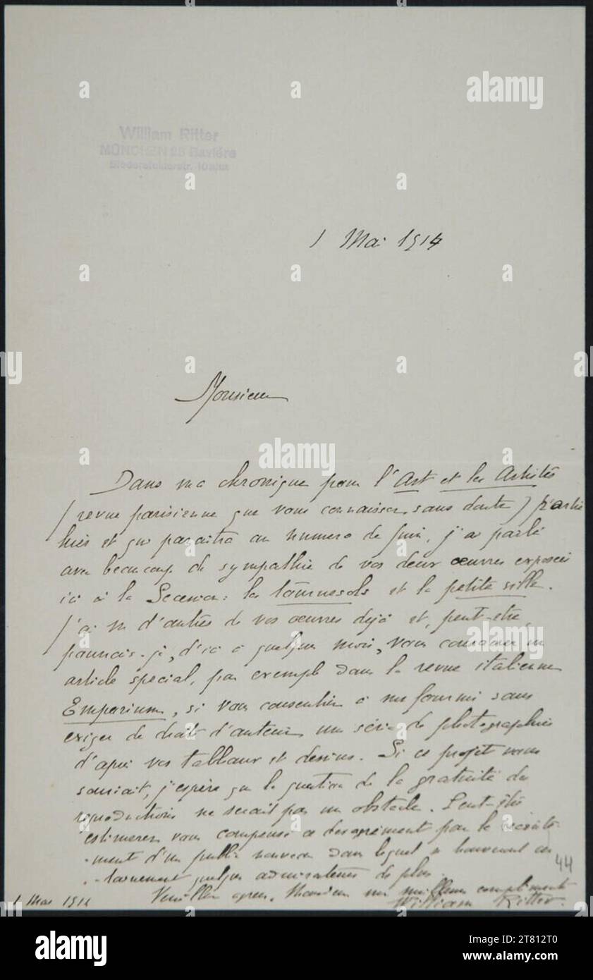 William Ritter (Verfasser in) Brief von William Ritter an Egon Schiele vom 1. Mai 1914. Tinte (schwarz) auf Papier 1. Mai 1914 , 01.05.1914 Stockfoto