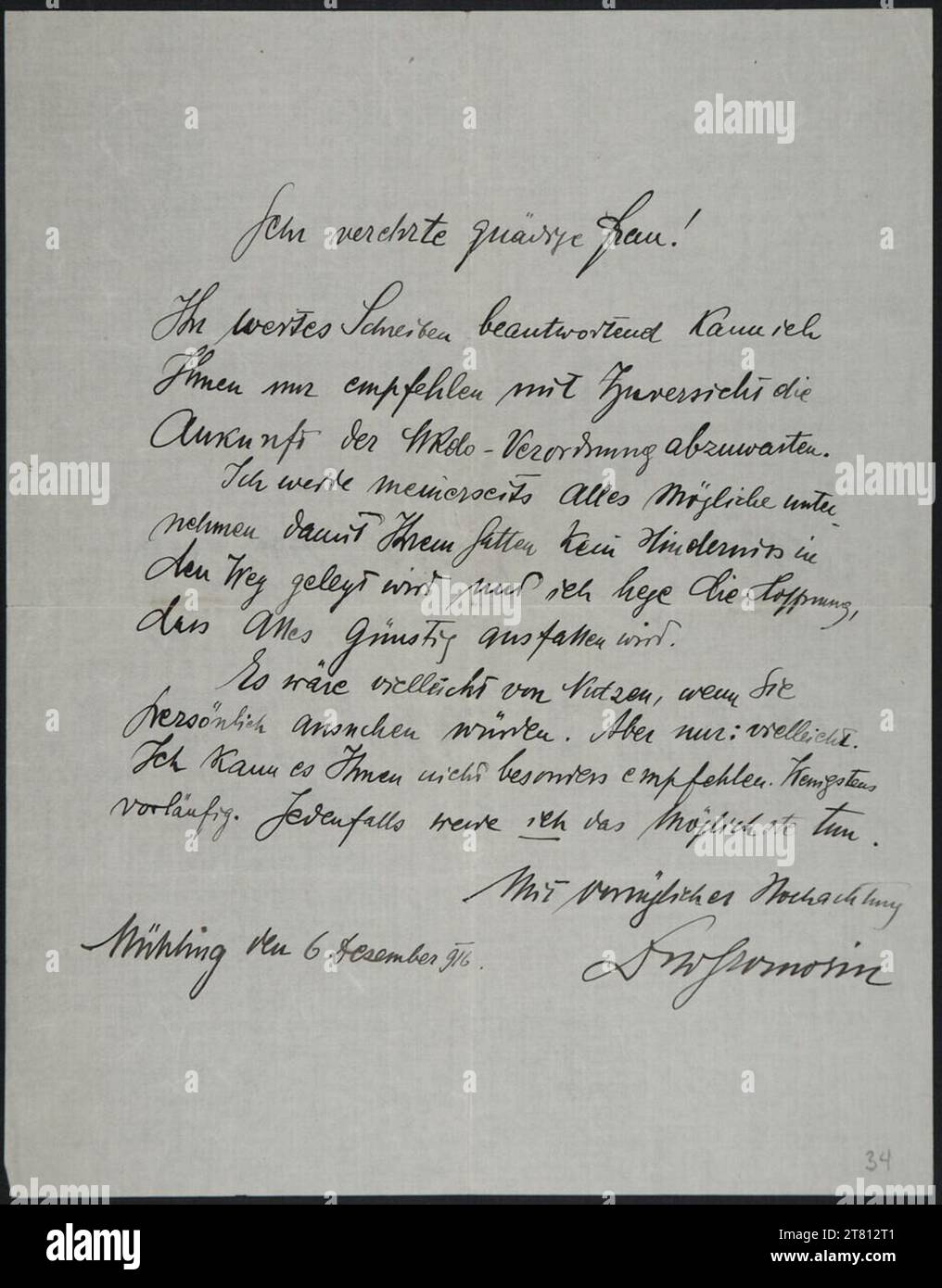 Dr. W. Komosin Brief von Dr. Komosin an Edith Schiele vom 6. Dezember 1916. Tinte (schwarz) auf Papier 6. Dezember 1916, 6. Dezember 1916 Stockfoto Dr. W. Komosin Brief von Dr. Komosin an Edith Schiele vom 6. Dezember 1916. Tinte (schwarz) auf Papier 6. Dezember 1916, 6. Dezember 1916 Stockfoto