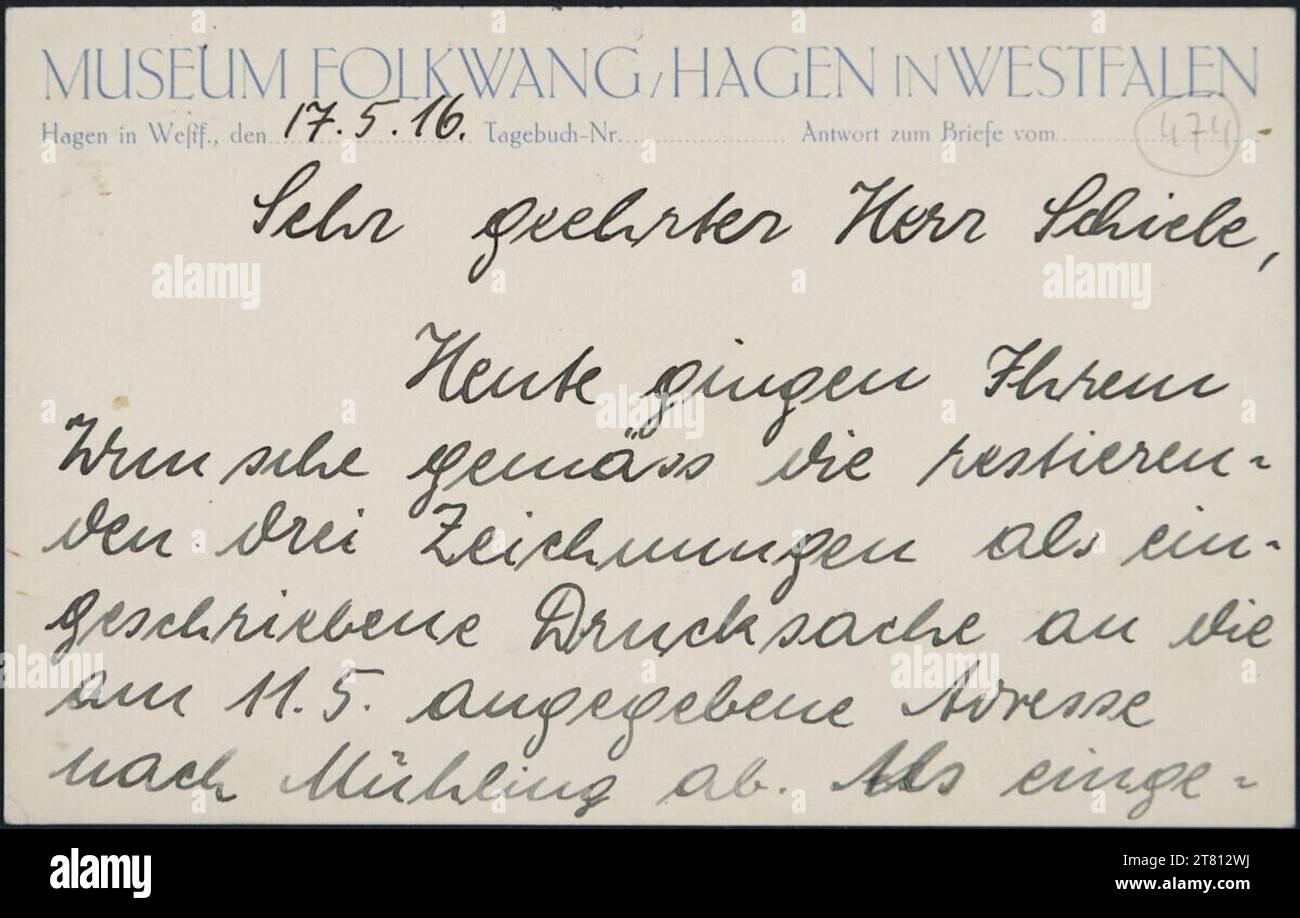 Museum Folkwang Postkarte aus dem Folkwang Museum an Egon Schiele vom 17. Mai 1916. Tinte (schwarz) auf Papier 17. Mai 1916 , 17. 5. 1916 Stockfoto