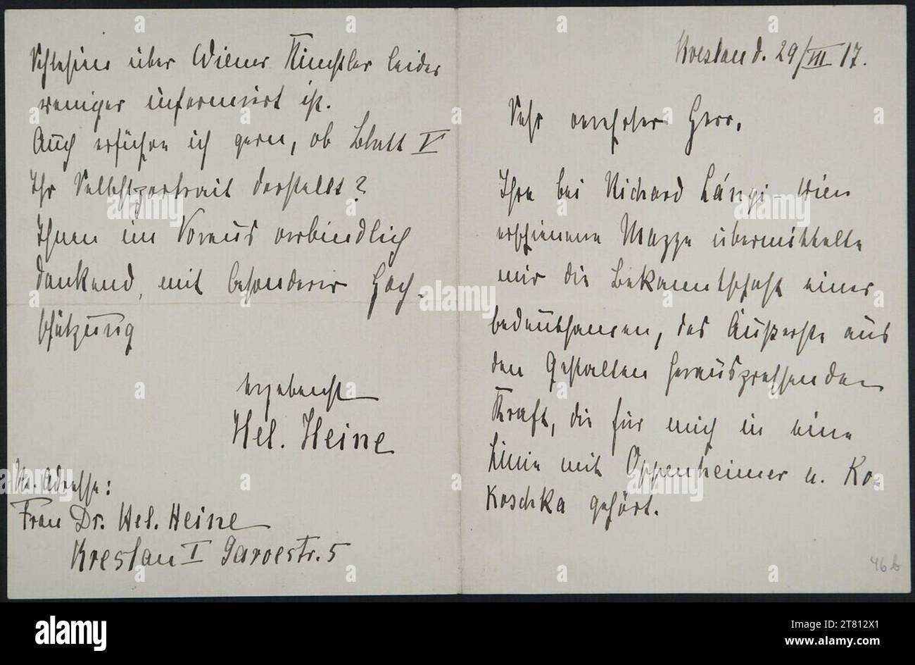 Helene Heine (Verfasser in) Brief von Helene Heine an Egon Schiele vom 29. Juli 1917. Tinte (schwarz) auf Papier 29. Juli 1917 , 29. Juli 1917 Stockfoto