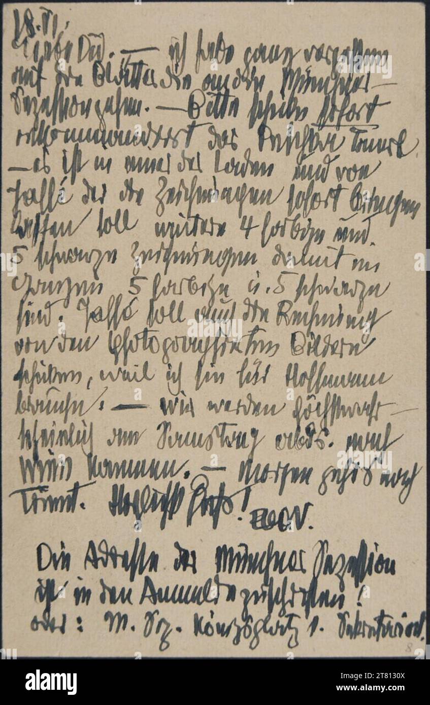 Egon Schiele (Verfasser in) Postkarte von Egon Schiele an seine Frau Edith am 18. Juni 1917. Tinte (blau-schwarz) auf Papier 18. Juni 1917 , 18. Juni 1917 Stockfoto