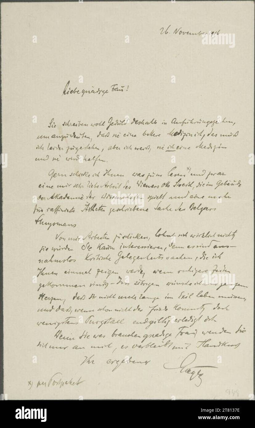 Leopold Liegler (Verfasser in) Brief von Leopold Liegler an Edith Schiele vom 26. November 1916. Tinte (schwarz) auf Papier 26. November 1916 , 26. 11. 1916 Stockfoto Leopold Liegler (Verfasser in) Brief von Leopold Liegler an Edith Schiele vom 26. November 1916. Tinte (schwarz) auf Papier 26. November 1916 , 26. 11. 1916 Stockfoto