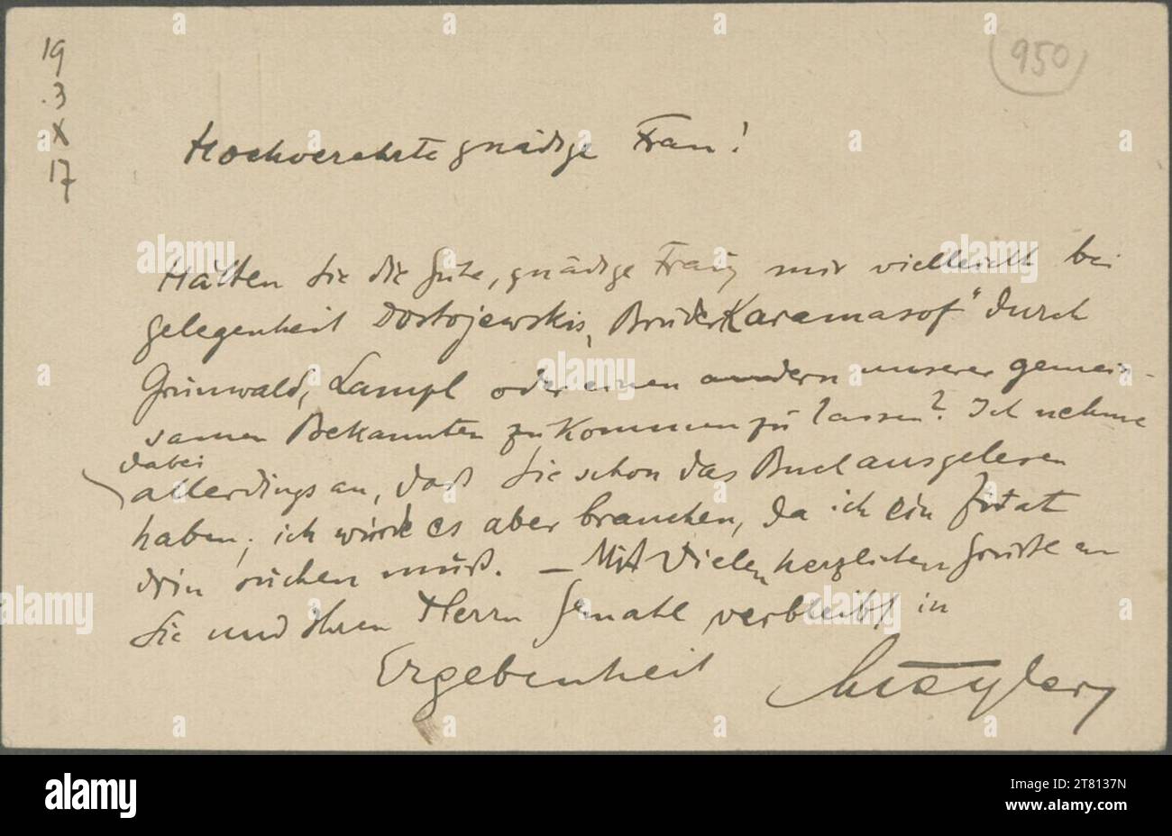Leopold Liegler (Verfasser in) Postkarte von Leopold Liegler an Edith Schiele vom 3. Oktober 1917. Tinte (schwarz) auf Papier 3. Oktober 1917 , 3. 10. 1917 Stockfoto Leopold Liegler (Verfasser in) Postkarte von Leopold Liegler an Edith Schiele vom 3. Oktober 1917. Tinte (schwarz) auf Papier 3. Oktober 1917 , 3. 10. 1917 Stockfoto