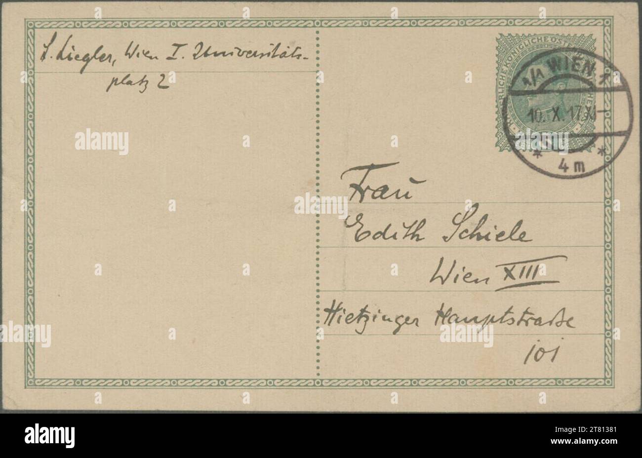 Leopold Liegler (Verfasser in) Postkarte von Leopold Liegler an Edith Schiele vom 16. Oktober 1917. Tinte (schwarz) auf Papier 16. Oktober 1917 , 16. 10. 1917 Stockfoto Leopold Liegler (Verfasser in) Postkarte von Leopold Liegler an Edith Schiele vom 16. Oktober 1917. Tinte (schwarz) auf Papier 16. Oktober 1917 , 16. 10. 1917 Stockfoto
