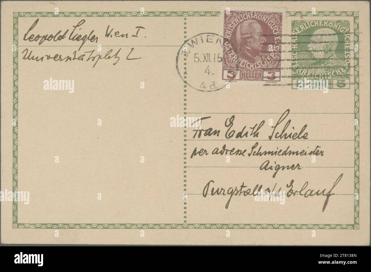 Leopold Liegler (Verfasser in) Postkarte von Leopold Liegler an Edith Schiele vom 5. Dezember 1916. Tinte (schwarz) auf Papier 5. Dezember 1916 , 5. 12. 1916 Stockfoto Leopold Liegler (Verfasser in) Postkarte von Leopold Liegler an Edith Schiele vom 5. Dezember 1916. Tinte (schwarz) auf Papier 5. Dezember 1916 , 5. 12. 1916 Stockfoto