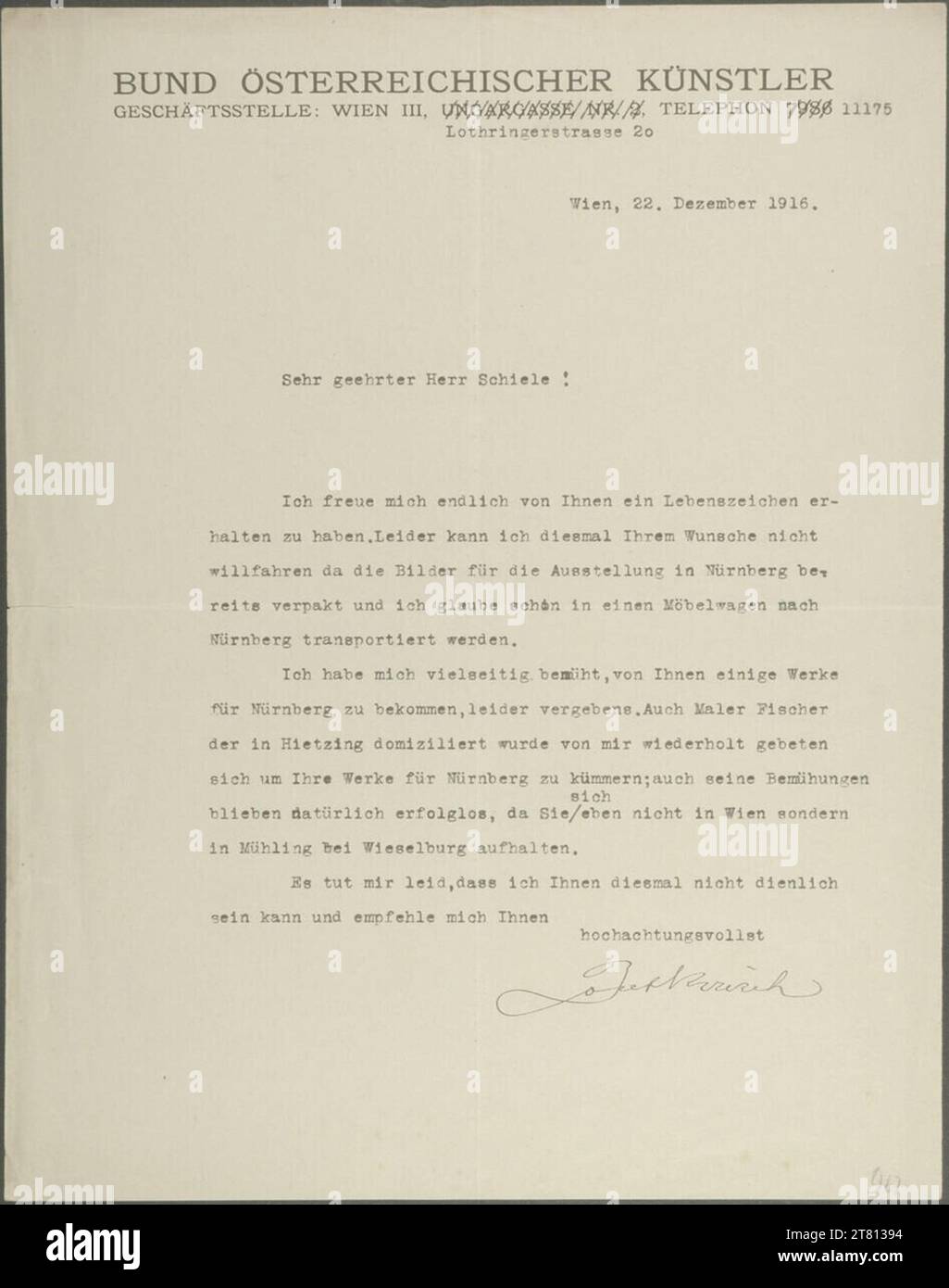 Bund Österreichischer Künstler Brief der Bundesregierung österreichischer Künstler an Egon Schiele vom 22. Dezember 1916. Papiereingabe 22. Dezember 1916 , 22. 12. 1916 Stockfoto