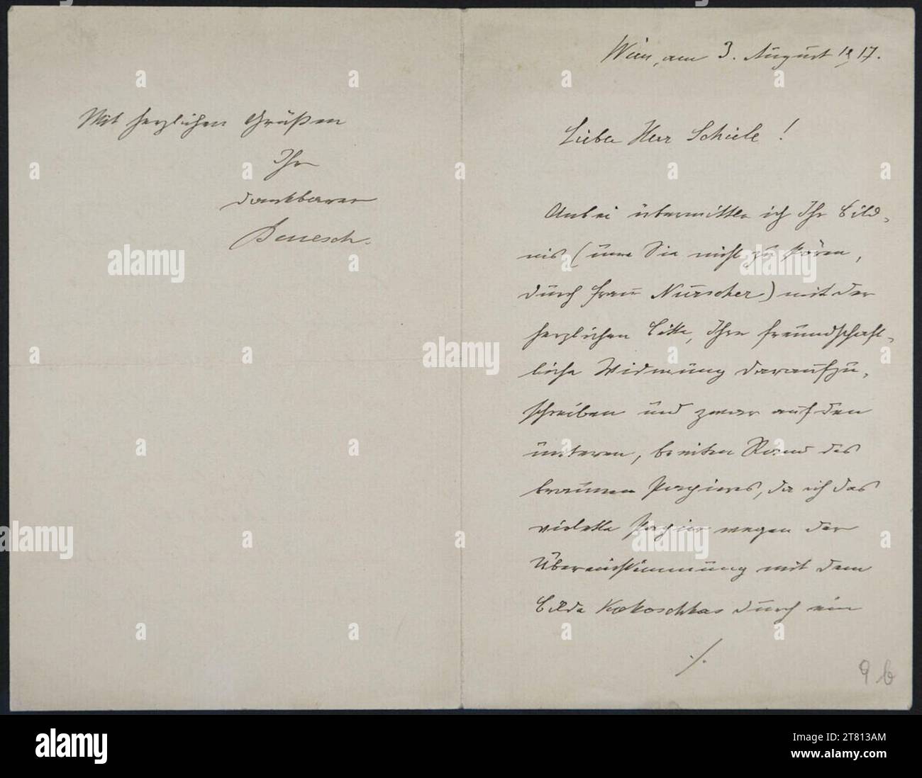 Heinrich Benesch (Verfasser in) Brief von Heinrich Benesch an Egon Schiele vom 3. August 1917. Tinte (schwarz) auf Papier 3. August 1917 , 03. 08. 1917 Stockfoto