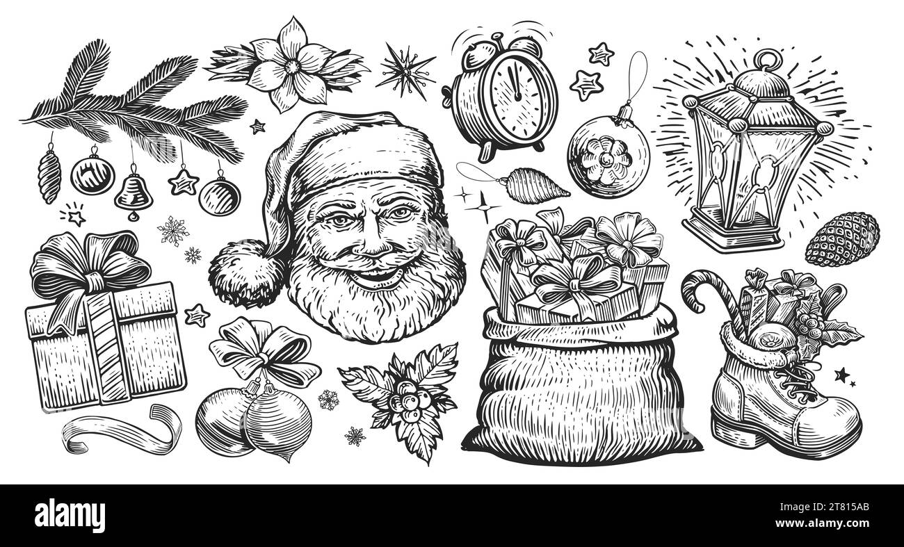 Weihnachtskonzept, Kollektion. Vintage-Skizze. Handgezeichnete Illustration zur Weihnachtsdekoration Stockfoto