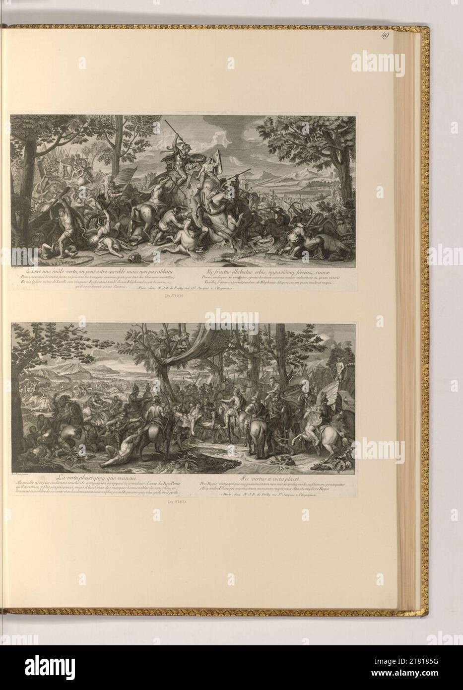 Charles Le Brun Schlacht an den Hydaspes und der Tod von König Poros. Kupferstich, Ätzung 1725-1780 , 1725/1780 Stockfoto