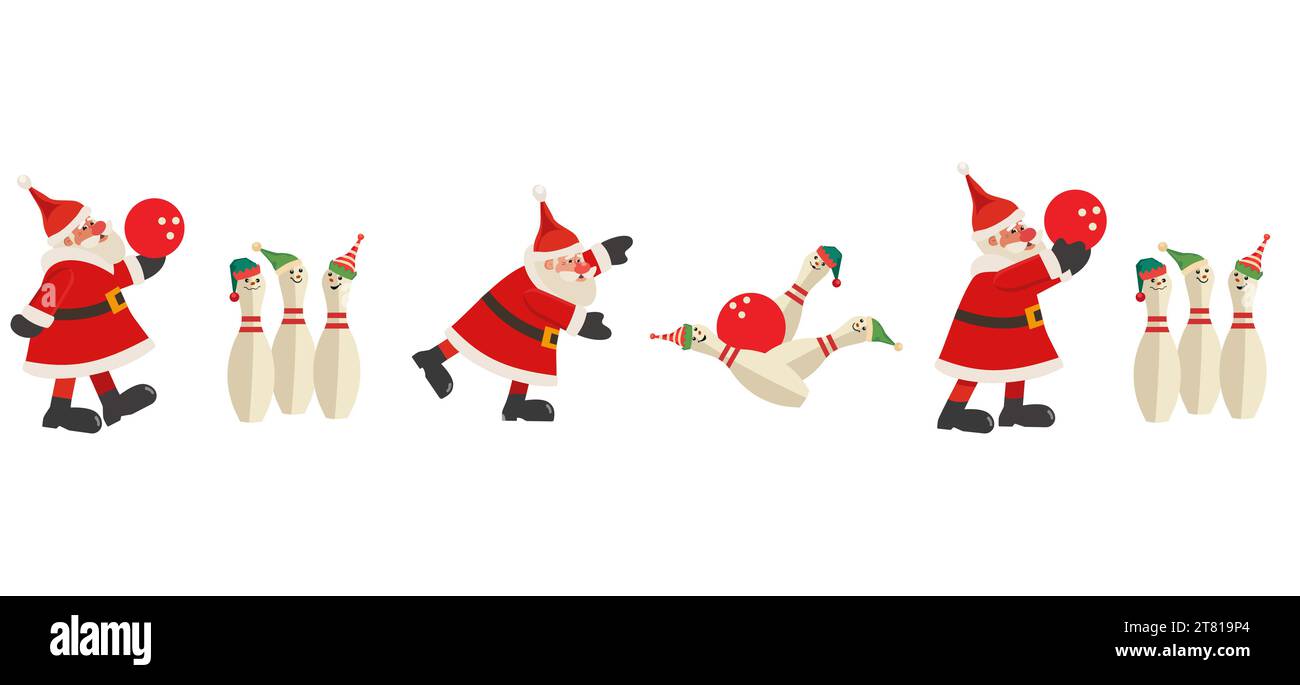 Der Weihnachtsmann spielt mit dem nahtlosen Rahmenmuster beim Bowling. Comic Santa, Bowling Ball Strike, lustige Pin, Elfenhut Cartoon Design Element Illustration. Weihnachten Stock Vektor