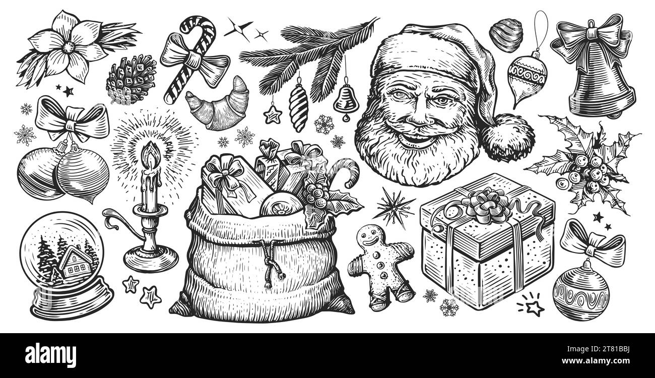 Weihnachtskonzept. Handgezeichnete Illustration im Retro-Skizzenstil, für Urlaubsdesign Stockfoto