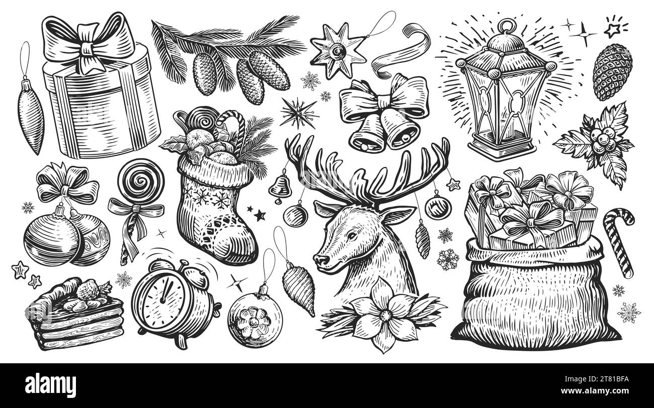 Weihnachts-Vintage, Konzept. Handgezeichnete Illustration im Skizzenstil, für Feiertagsdesign Stockfoto
