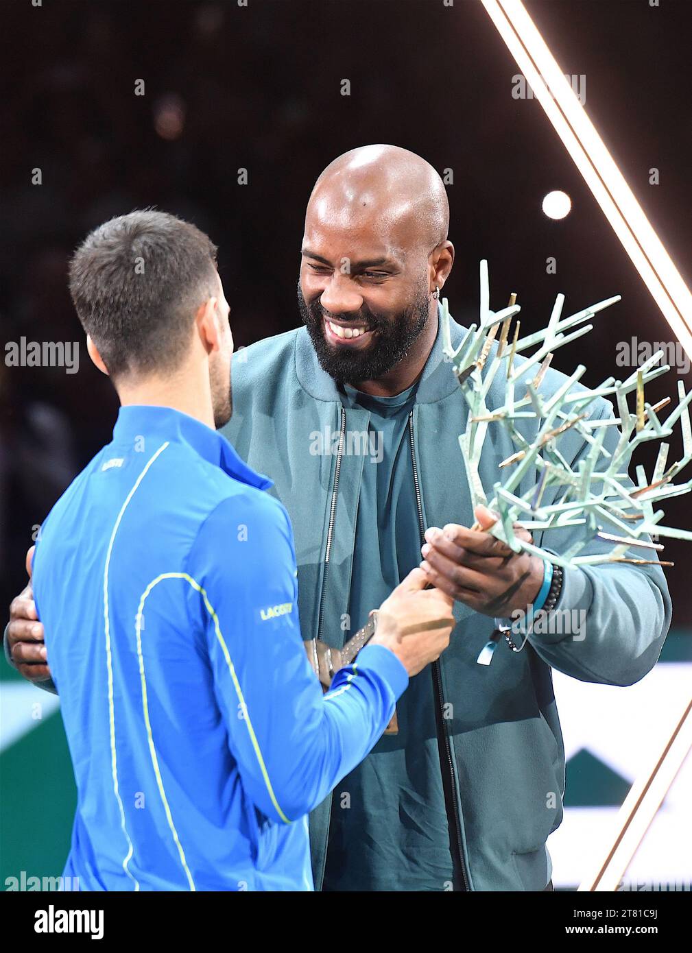 Novak DJOKOVIC von Serbien und Grigor DIMITROV von Bulgarien während der Rolex Paris Masters, ATP Masters 1000 Stockfoto