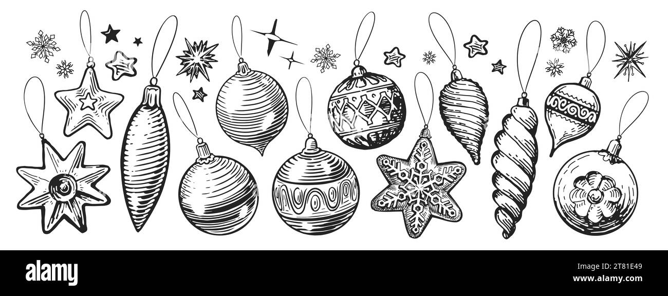 Weihnachtsdesign, Set. Weihnachtsdekoration, Kugeln und Kugeln. Vintage-Illustration Stockfoto