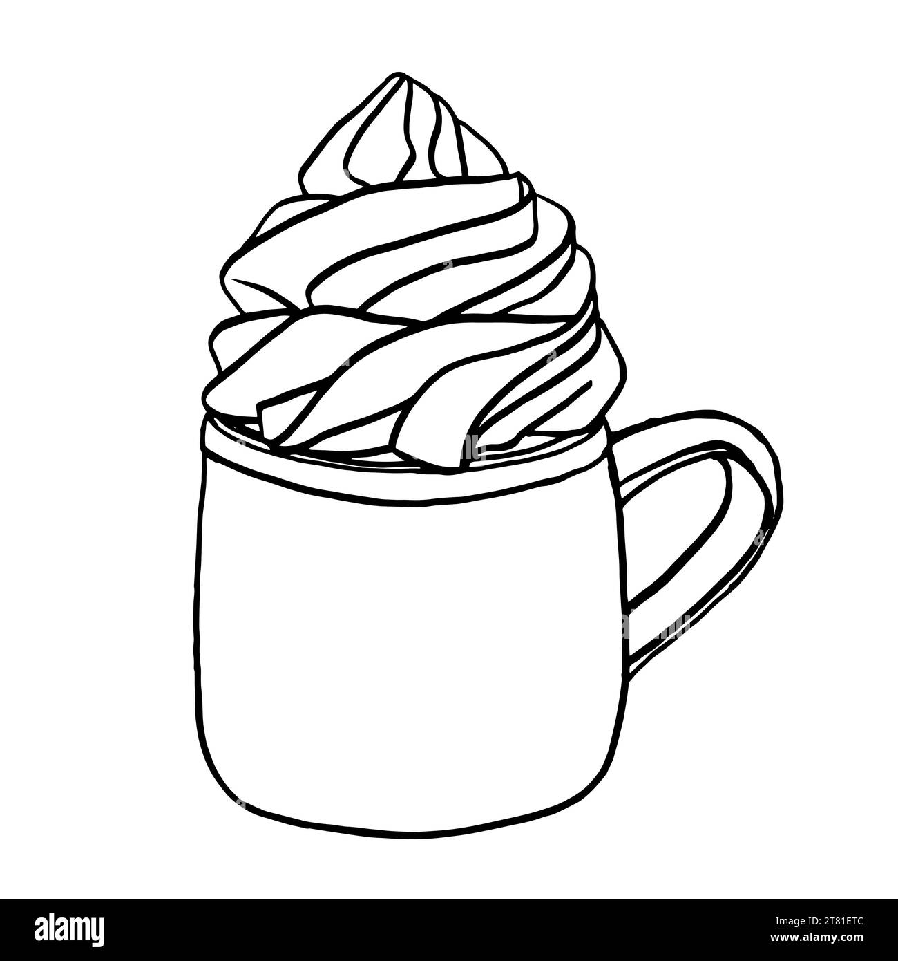 Heißgetränk Schokoladentasse mit Schlagsahne. Handgezeichnete Kritzelzeichnung schwarz-weiß. Vektorlinie Kunst Illustration Kaffeetasse nettes Design. Wint Stock Vektor