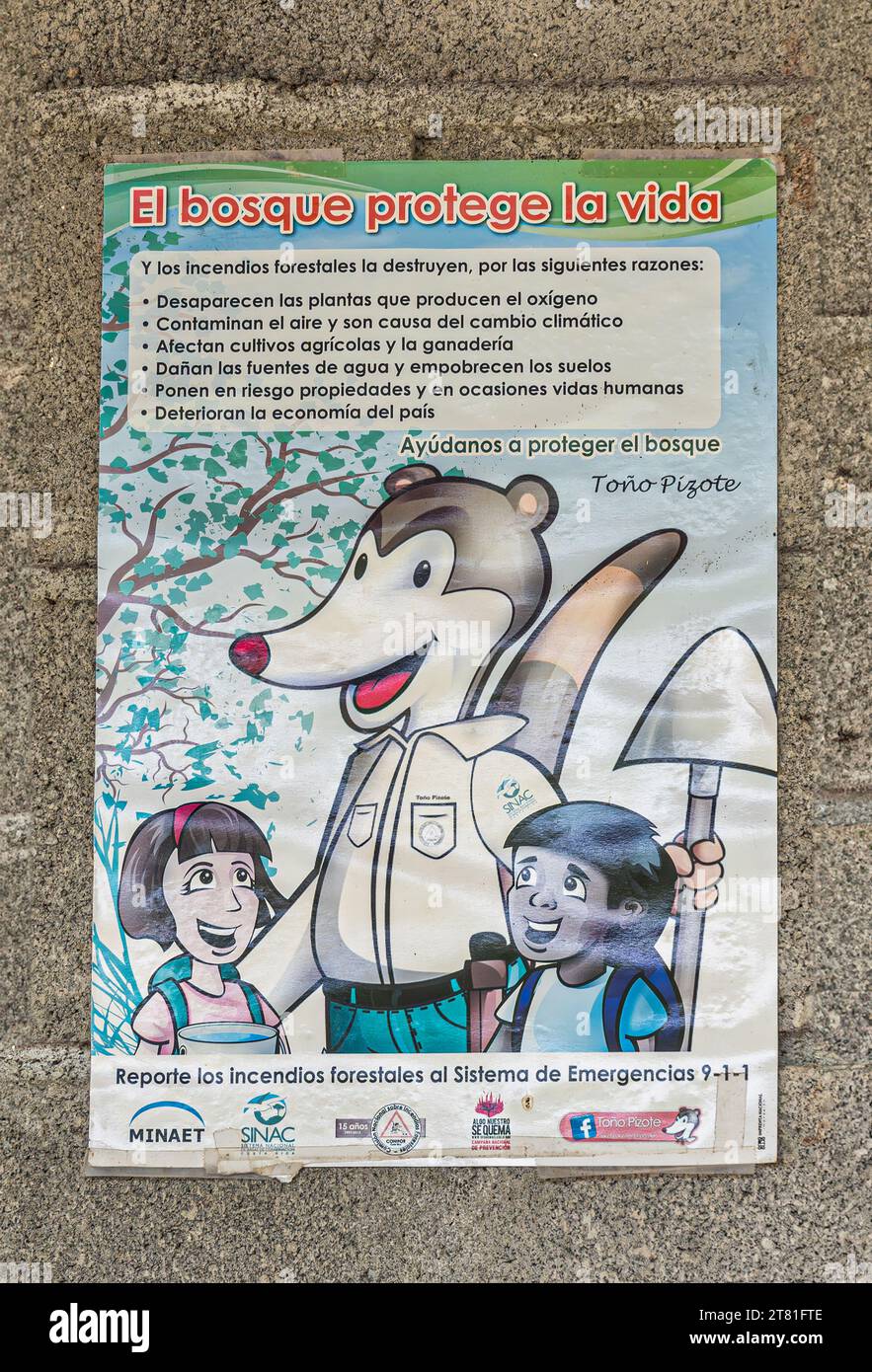 Costa Rica, Parque Nacional Carara - 22. Juli 2023: Nahaufnahme, farbenfrohes Poster zum Umweltschutz über die Integrität des Waldes. Bild der Kinder und Stockfoto