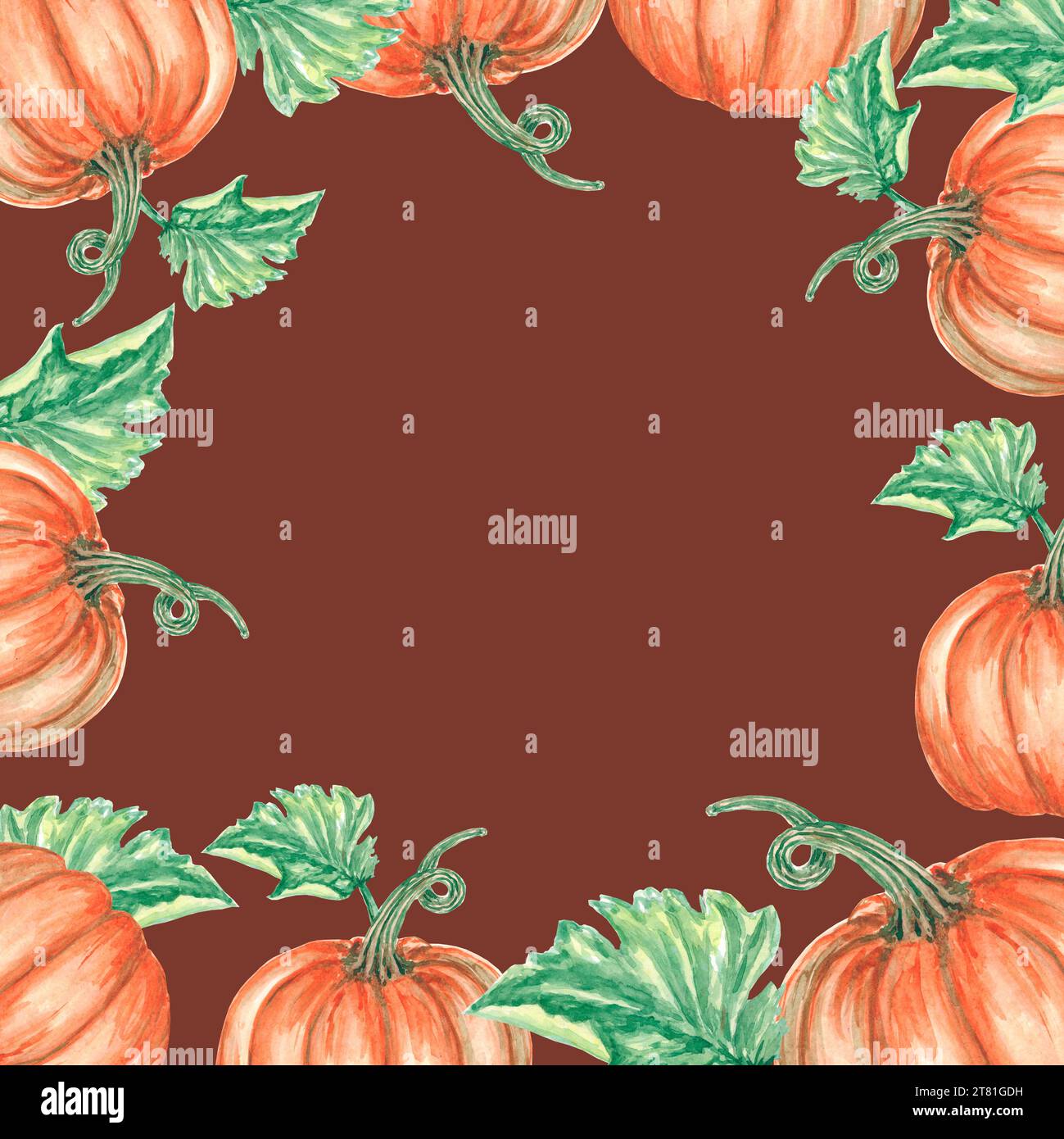 Aquarellrahmen mit Kürbis und grünen Blättern isolierte Illustration auf braunem Hintergrund. Herbst-Orangengemüse für Karte, Postkarte, Einladung Stockfoto