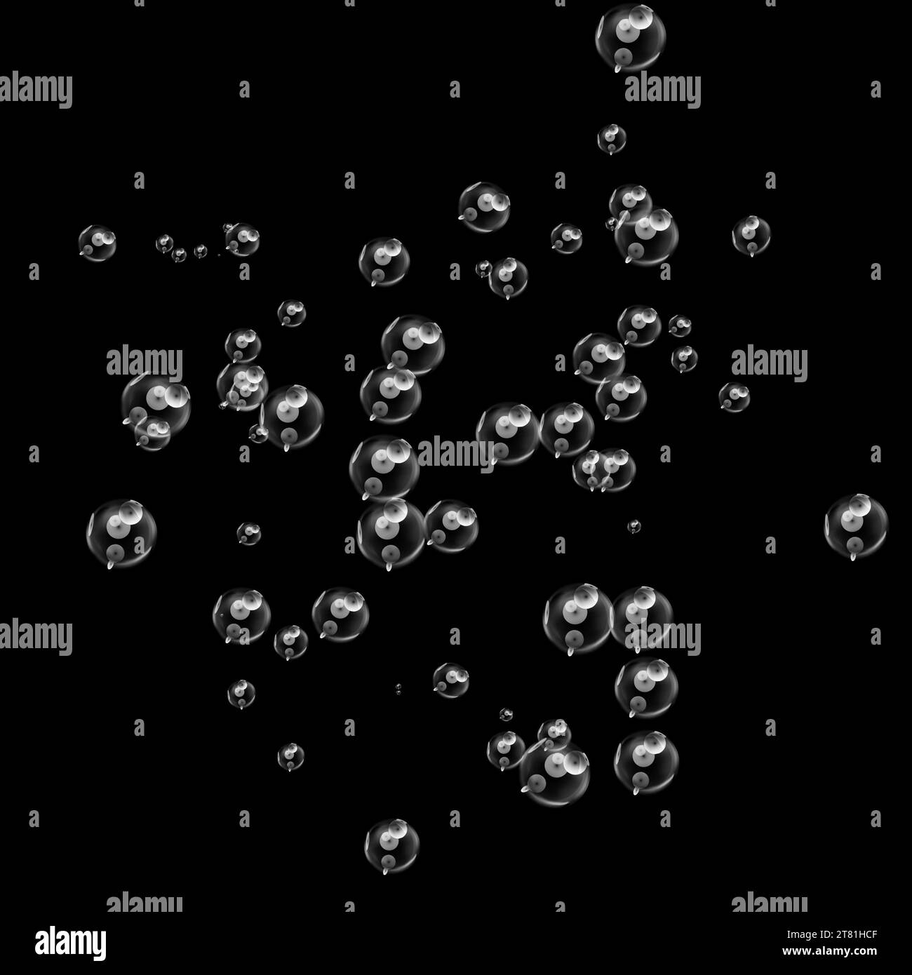 Unterwasserblasen. Abstrakter schwarz-weißer Hintergrund mit Blasen. Blasenverteilung. Schöne 3D-Kugeln mit Reflexion. Makroaufnahme verschiedener Luftbu Stockfoto