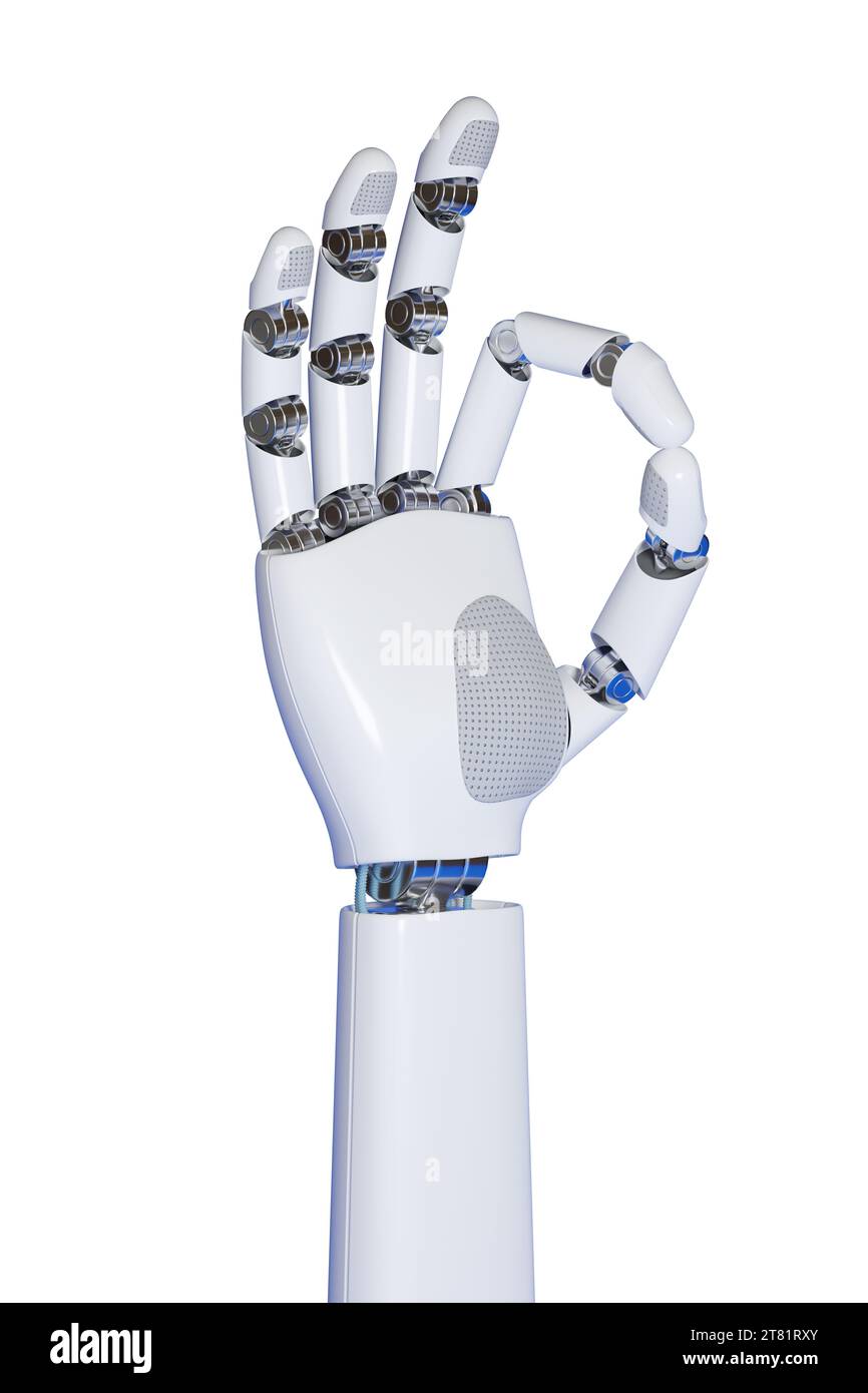 Roboterhand macht OK Geste isoliert auf weißem Hintergrund. 3D-Abbildung. Stockfoto