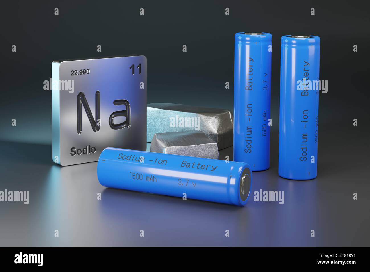 Natrium-Ionen-Batterien , metallisches Natrium und Elementsymbol auf spanisch. 3D-Abbildung. Stockfoto