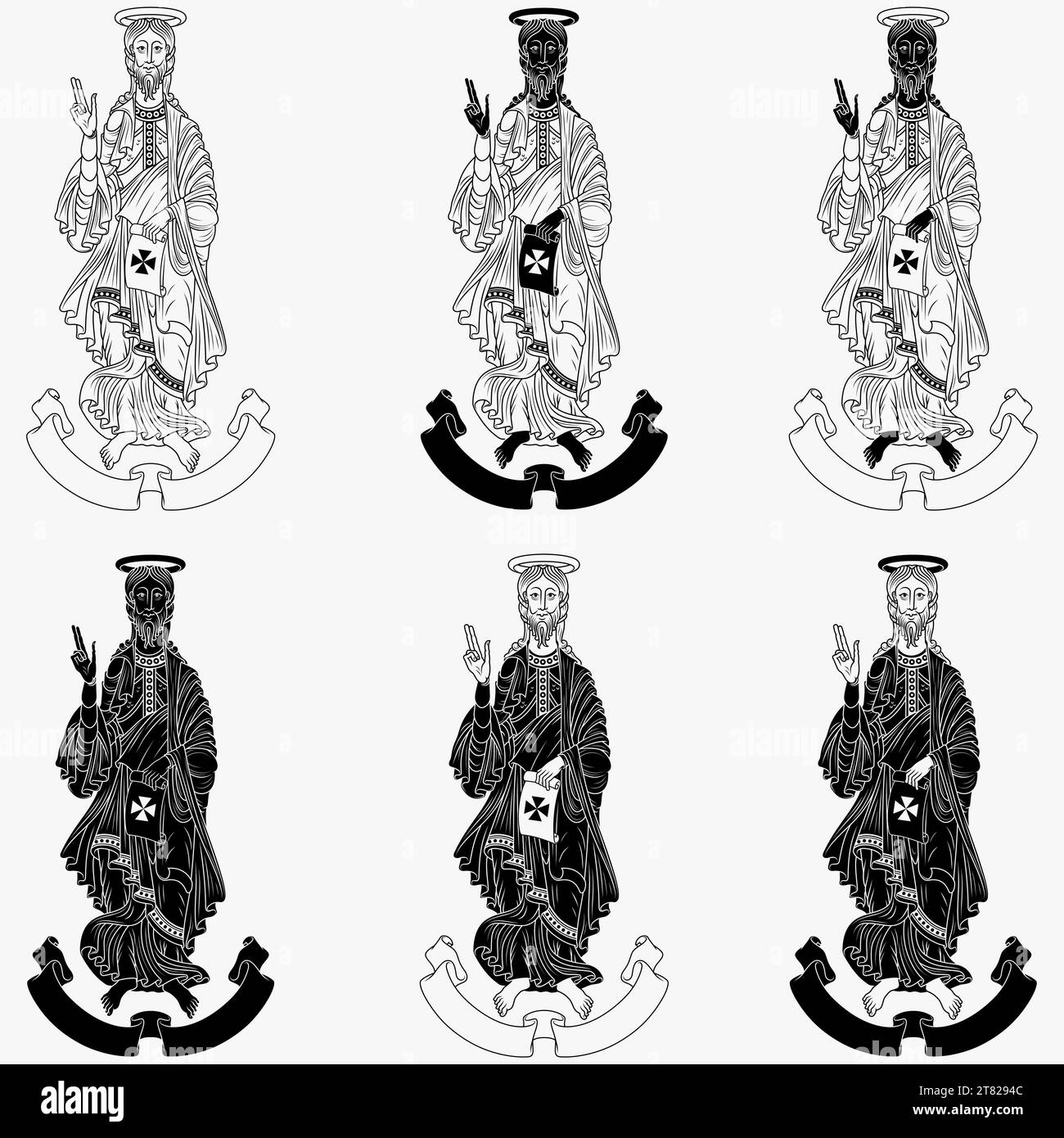 Vektordesign des Apostels Jakobus mit antikem Pergament, christliche Kunst aus dem Mittelalter Stock Vektor