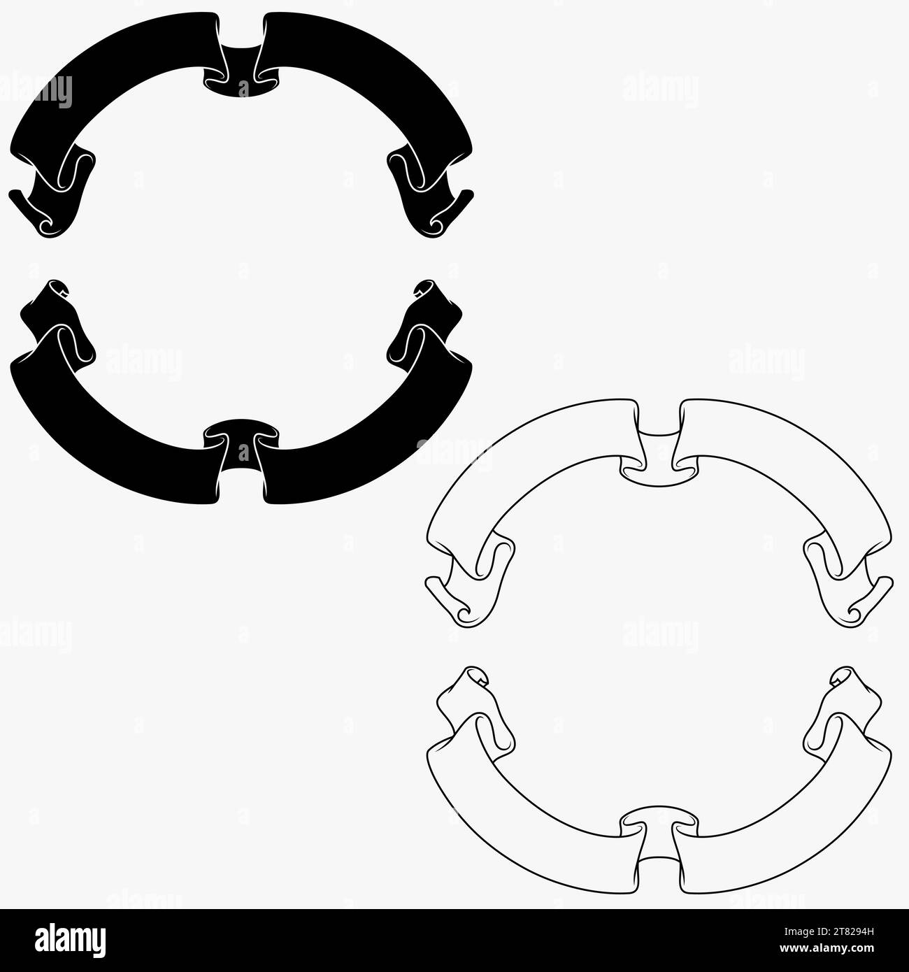 Vektordesign von gekrümmten Bändern, gekrümmten antiken Pergamentstreifen, festlichen Papierstreifen Stock Vektor
